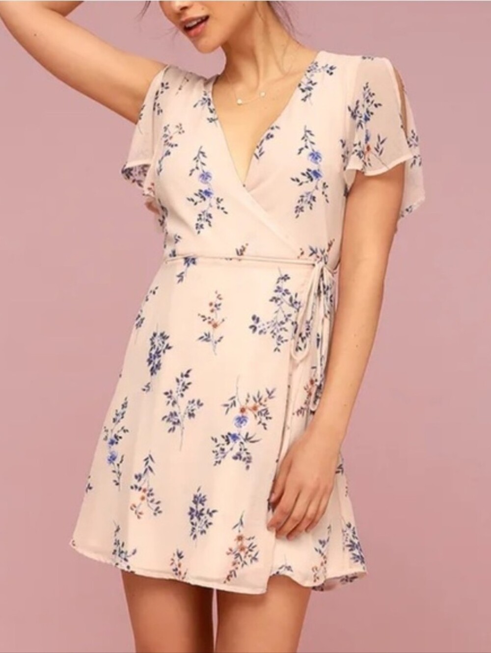 Lulus Cream Floral Wrap Mini Dress with Blue & Orange Prints